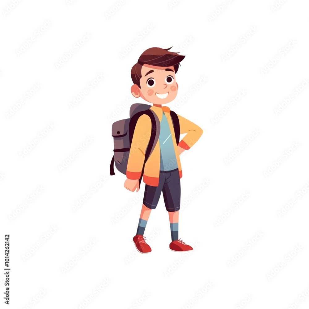 A smiling boy in a backpack stands outdoors. Suitable for educational, travel, school related concepts, and outdoor activities. Generative AI A smiling boy in a backpack stands outdoors. Suitable for educational, travel, school related concepts, and outdoor activities. Generative AI