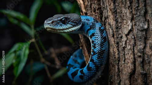 blue viper snake standing writhing and sticking out its forked tongue on a tree trunk