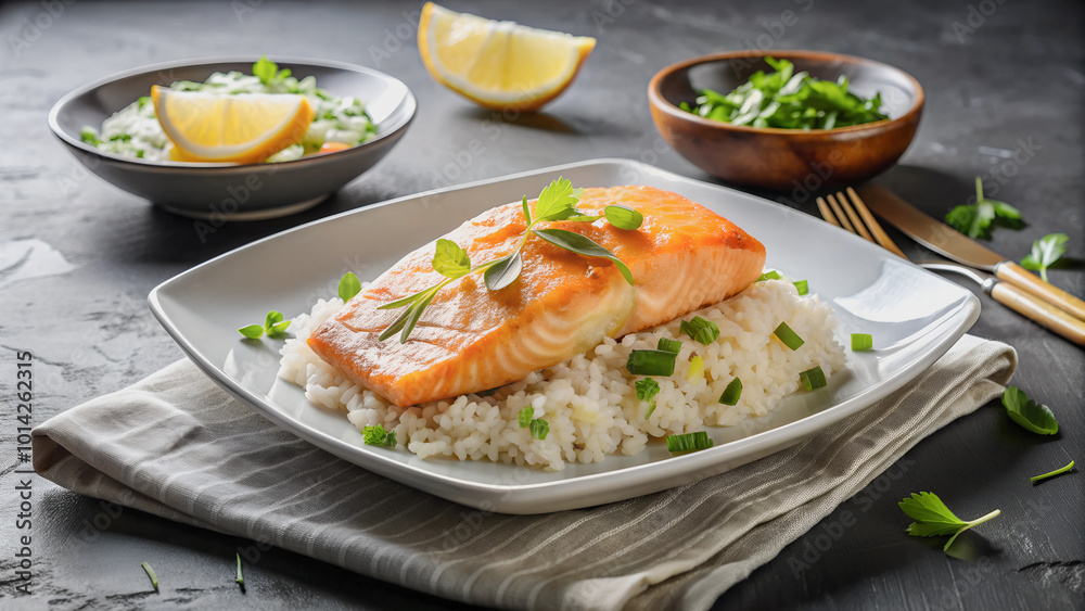 Delicious salmon with rice in a white plate, ready to serve. Delicious salmon with rice in a white plate, ready to serve.