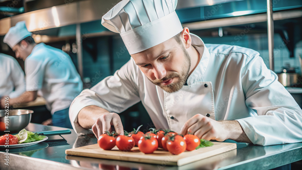 In a professional kitchen, a chef in uniform works with fresh tomatoes on a cutting board. In a professional kitchen, a chef in uniform works with fresh tomatoes on a cutting board.