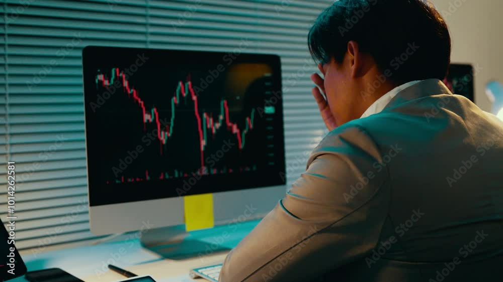 Asian businessman is watching a stock market crash on his computer screen at night. He is stressed and worried about the situation