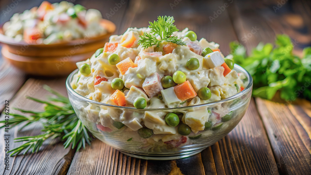 Popular Soviet Olivier salad close-up on a village table.
