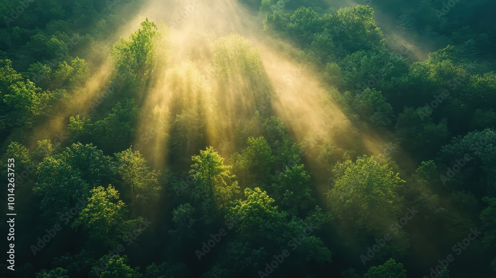 Enchanting Aerial Photograph of Golden Light streaming through the Wilderness. Nature Background with Trees and Green Foliage. Enchanting Aerial Photograph of Golden Light streaming through the Wilderness. Nature Background with Trees and Green Foliage.