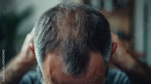 Closeup of a man experiencing hair thinning on head scalp issues. Challenges of hair loss and baldness, with a focus on treatment care for improving hair health, alopecia problem