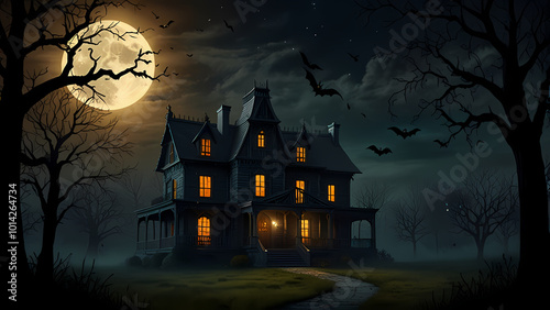 a silhouette of a haunted castle set against a large, glowing full moon in a dark night sky for Halloween Background