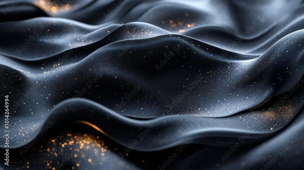 Black silk fabric with golden sparkles in soft waves, abstract design. Luxury texture and elegance concept Black silk fabric with golden sparkles in soft waves, abstract design. Luxury texture and elegance concept