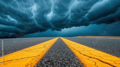 A long, cracked road vanishes into the stormy horizon, symbolizing a challenging journey through uncertainty. photo