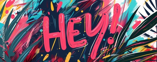 Energetic pop art background with "HEY!" inside. Fun visuals, Abstract shapes, Bright vector