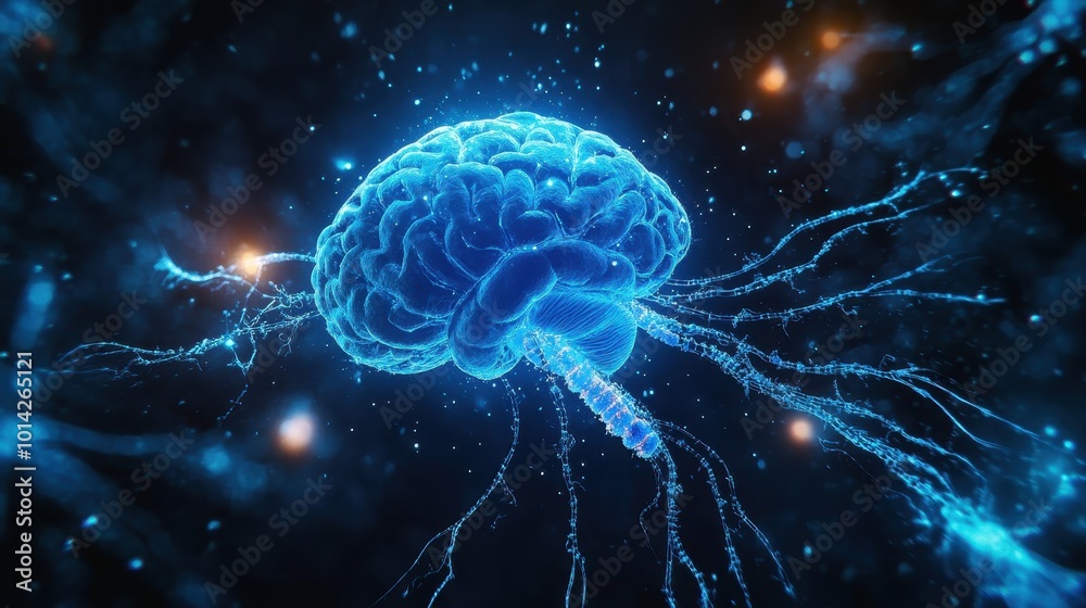 A vibrant, glowing blue spinal cord and brain surrounded by a web of nerves stretching outwards, highlighted against a dark backdrop to emphasize the complex structure A vibrant, glowing blue spinal cord and brain surrounded by a web of nerves stretching outwards, highlighted against a dark backdrop to emphasize the complex structure