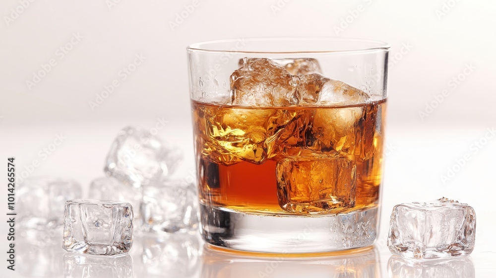 A glass of amber liquid with ice cubes, isolated on white. A glass of amber liquid with ice cubes, isolated on white.