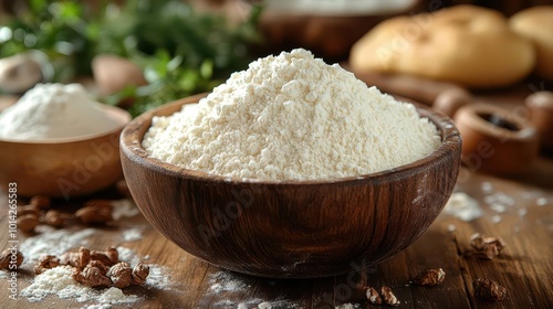 closeup of white flour delicately piled in a rustic wooden bowl with soft natural light highlighting its texture ideal for culinary themes and bakingrelated illustrations