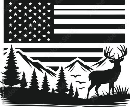 christmas background with deer. silhouette of reindeer mountain with american flag vector art illustration.
