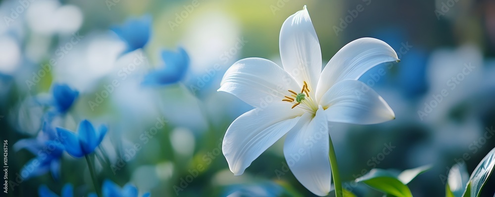 A white lily with blue anemones in the background