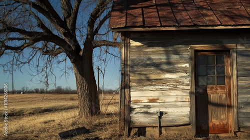 Rustic Wooden Door on an Old Farmhouse in a Field photo