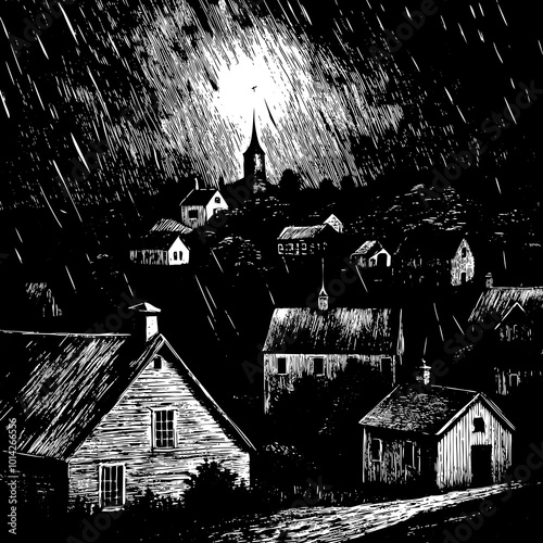 Salem village on a rainy dark night photo