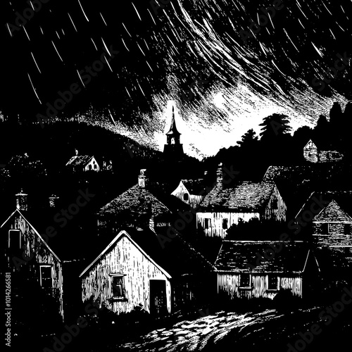 Foto Salem village on a rainy dark night