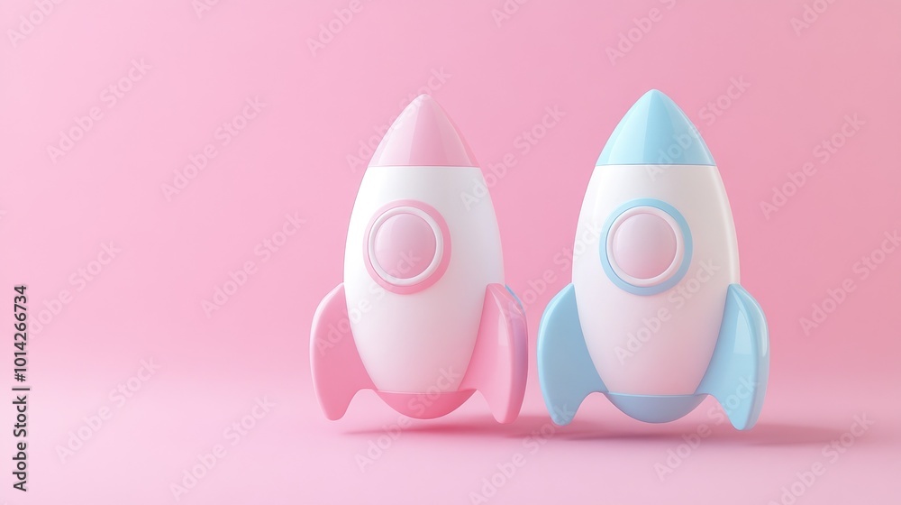 Two cartoon rockets, one pink and one blue, stand side-by-side on a pink background.