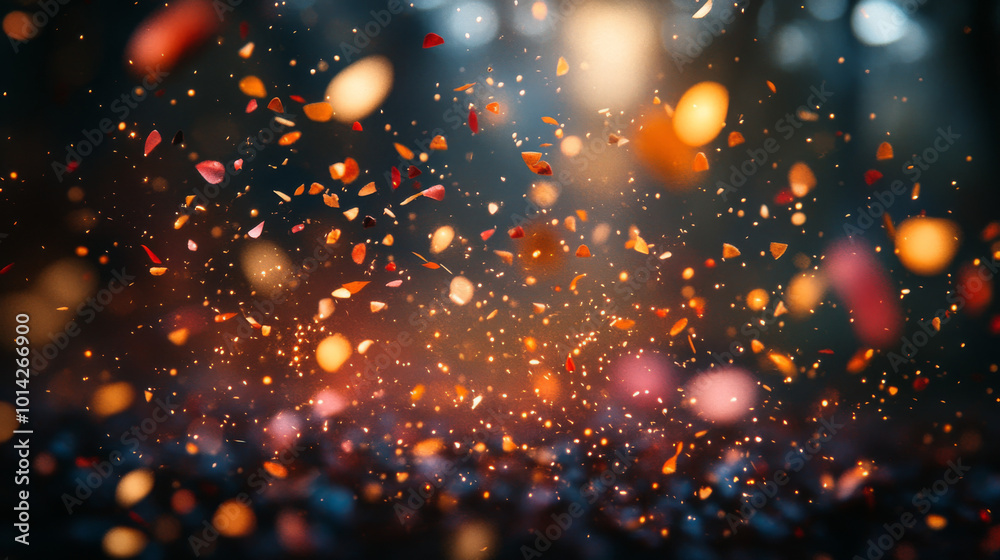 Golden and pink confetti float in the air, creating a festive atmosphere. Golden and pink confetti float in the air, creating a festive atmosphere.