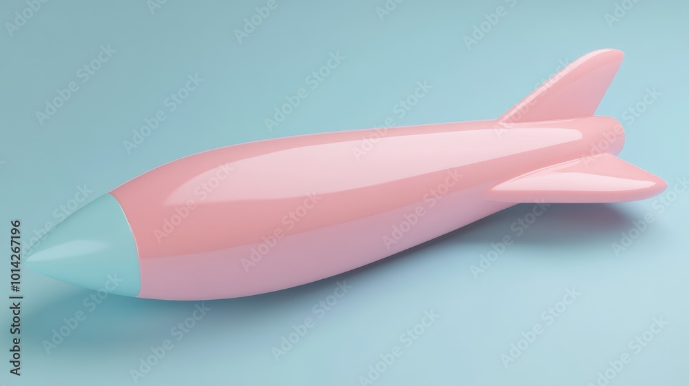 A pink and blue toy rocket on a light blue background. A pink and blue toy rocket on a light blue background.