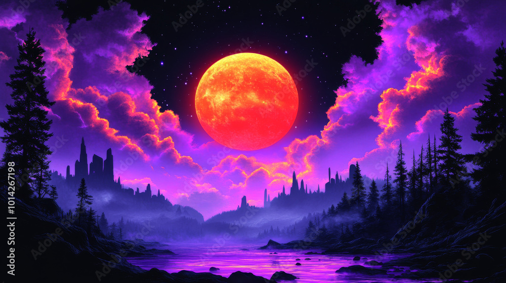 Fototapeta premium A giant red moon hangs over a mystical landscape, casting an ethereal glow.