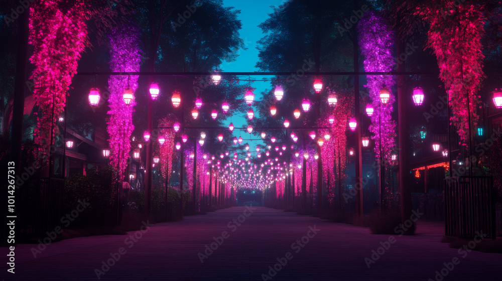 Fototapeta premium A magical alleyway illuminated with vibrant pink and purple lights.
