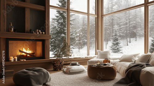 Cozy Winter Cabin Retreat Cozy living room interior featuring a fireplace, wooden furniture, and a large window with soft curtains, creating a warm and inviting atmosphere