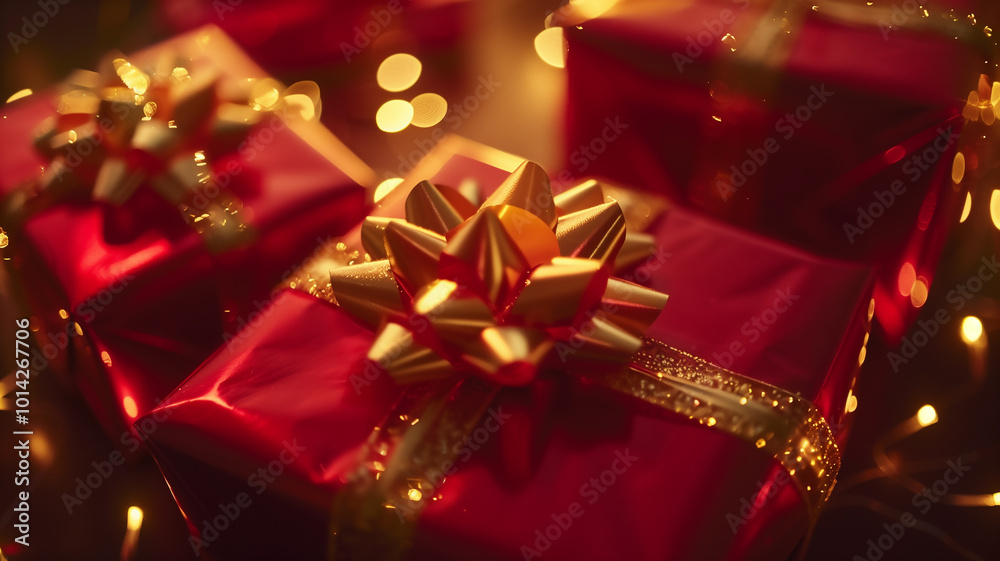 Close-up of Luxury Festive Red Gift with Gold Bow
