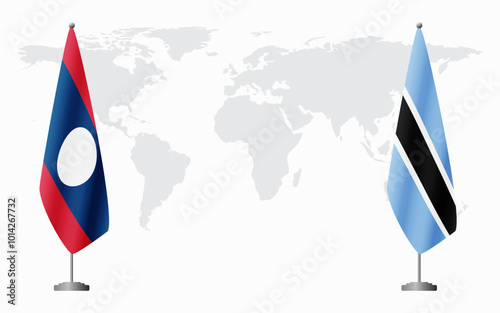 Laos and Botswana flags for official meeting against background of world map.