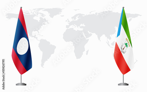 Laos and Equatorial Guinea flags for official meeting against background of world map.