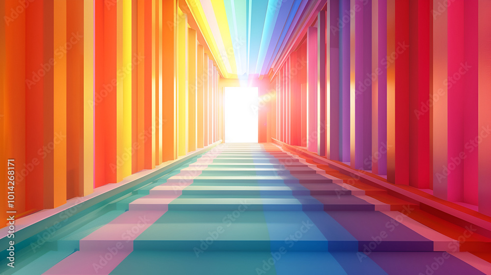 a vibrant, colorful tunnel-like structure with smooth, parallel ridges extending into the distance The colors transition through a rainbow gradient, from red, orange, and yellow to green and blue a vibrant, colorful tunnel-like structure with smooth, parallel ridges extending into the distance The colors transition through a rainbow gradient, from red, orange, and yellow to green and blue