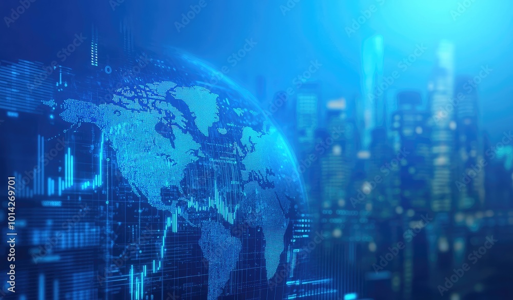 A digital globe with data and charts overlayed against a blurred cityscape background. A digital globe with data and charts overlayed against a blurred cityscape background.