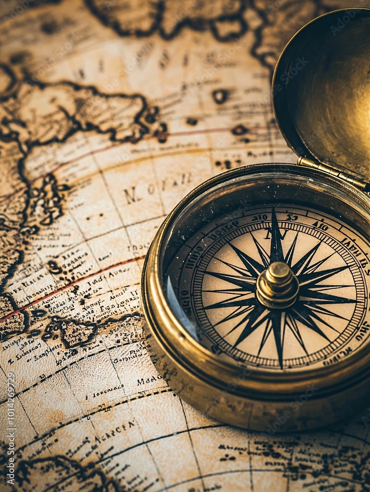 An antique brass compass lies atop a weathered map, stirring memories of daring journeys and bygone explorers. An antique brass compass lies atop a weathered map, stirring memories of daring journeys and bygone explorers.