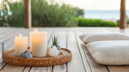 Serene Yoga Retreat Ambiance with Candles, Crystals, and Natural Decor