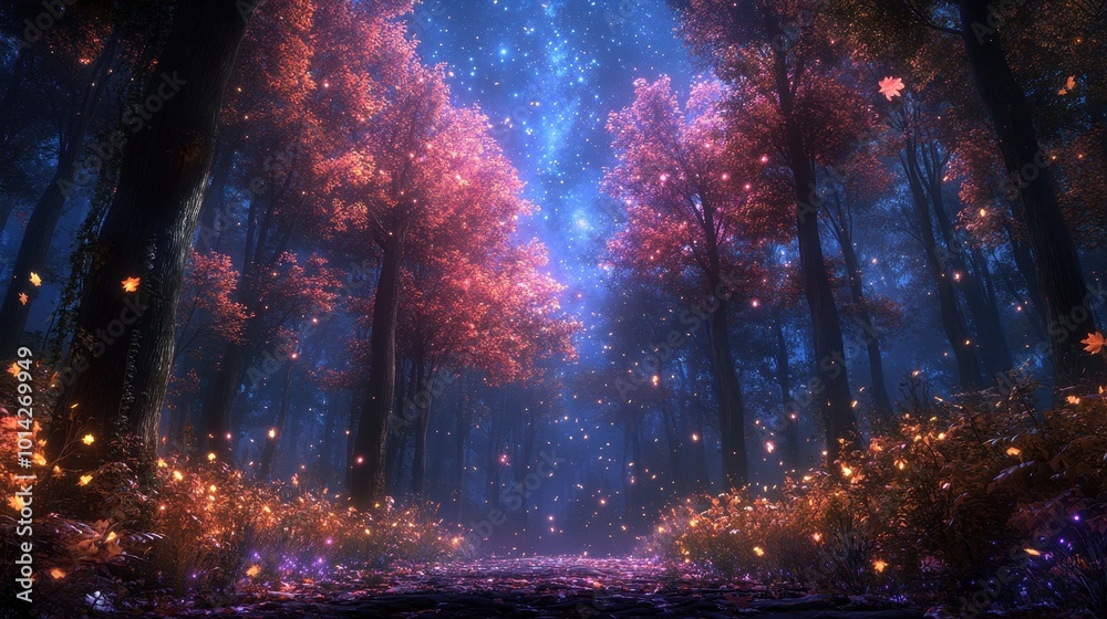 Fototapeta premium enchanted autumn forest at night towering trees with vibrant fall foliage illuminated by soft moonlight mystical atmosphere with hints of mist and twinkling starlight