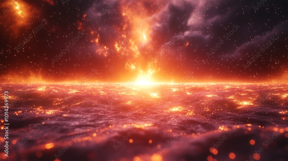 A fiery sunset over a sea of flames. A fiery sunset over a sea of flames.