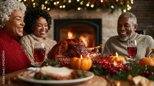 Heartwarming Family Gathering Post-Thanksgiving Dinner by Fireplace: Sharing Blessings and Stories