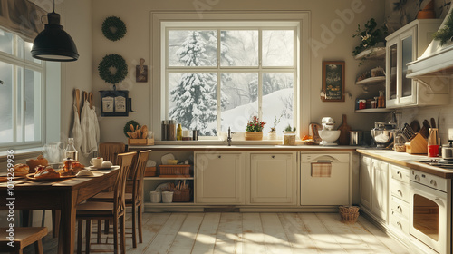 Kitchen room interior, snow outside