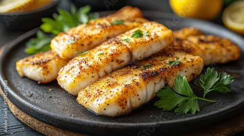 Crispy fish strips arranged on a platter set against a rustic backdrop.