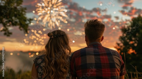 Back view of young couple looking at fireworks at sunset in the field