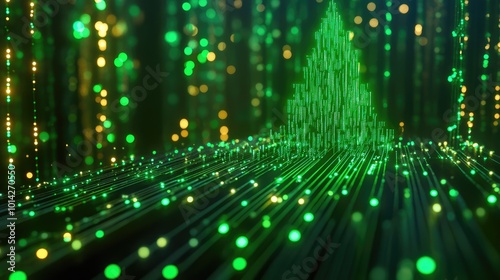 Abstract digital Christmas tree with green glowing lights.