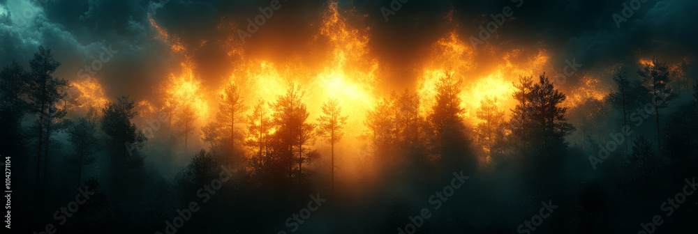 Silhouetted trees stand tall against a fiery sky. Silhouetted trees stand tall against a fiery sky.