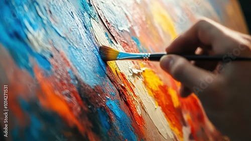 A young artist lost in his work, brush dancing on canvas, vibrant colors blur in the background.