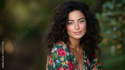 A graceful woman in a floral dress shares a soft smile, framed by a dreamy, blurred backdrop.