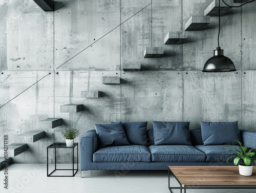 Modern Loft Interior Design with Concrete Wall and Blue Sofa