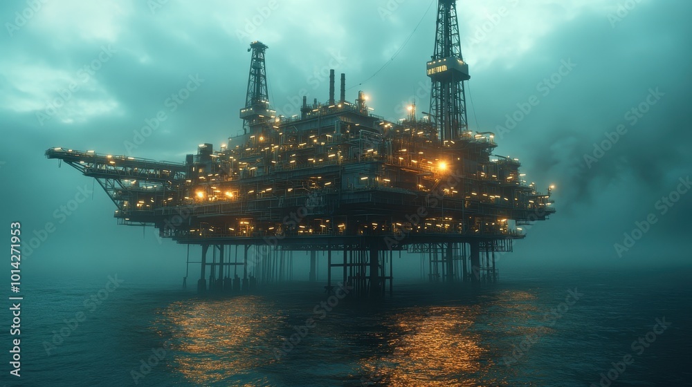 An offshore oil rig stands majestically above the ocean waters at dusk, with its complex structure illuminated by lights against the twilight sky. An offshore oil rig stands majestically above the ocean waters at dusk, with its complex structure illuminated by lights against the twilight sky.