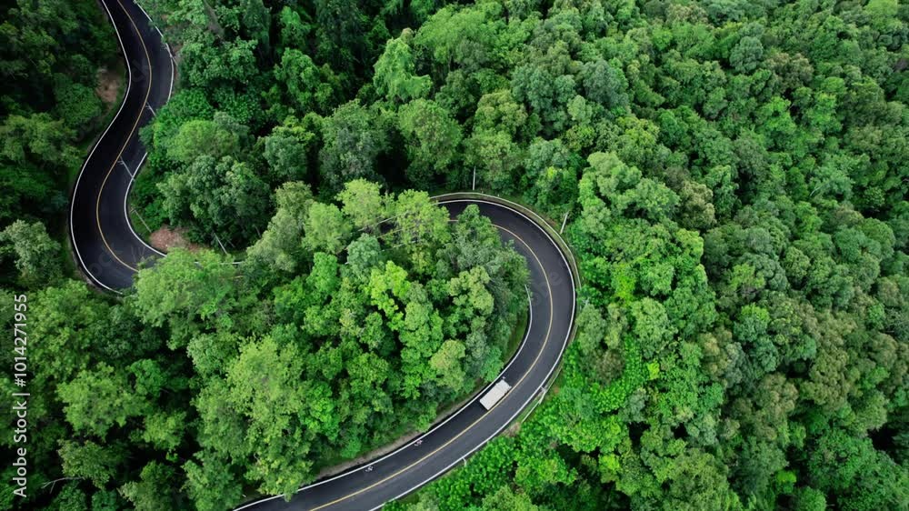 Aerial view of a road curve to Pai, ,High angle view of the forest road up the mountain to Pai, Mae Hong Son.