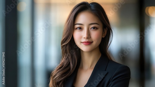 Portrait of a young Asian businesswoman, capturing her confidence and professionalism, ideal for modern business and leadership themes with copy space