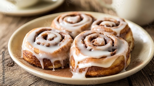 Four freshly baked cinnamon rolls with white frosting on a plate.