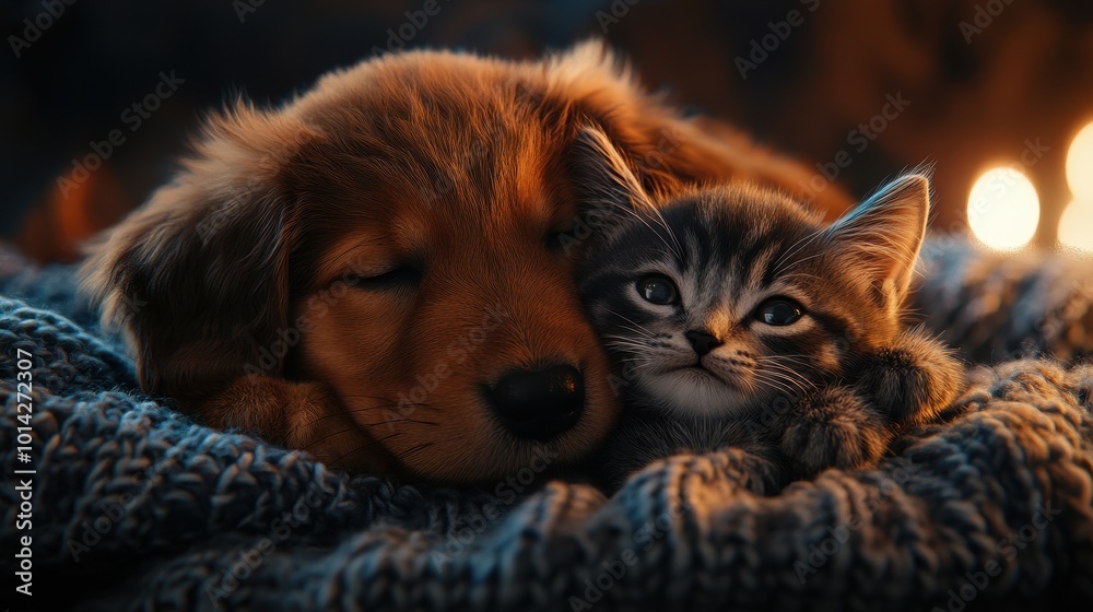 Adorable puppy and kitten lying together in a loving embrace, generative ai