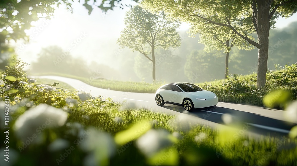 A sleek car drives through a serene, green landscape.